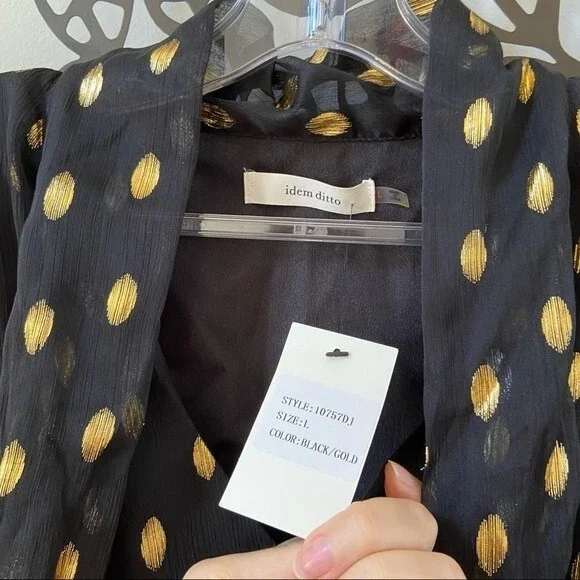 Idem Ditto Chiffon Ruffle Black Gold Dress  L NWT - Picture 11 of 16